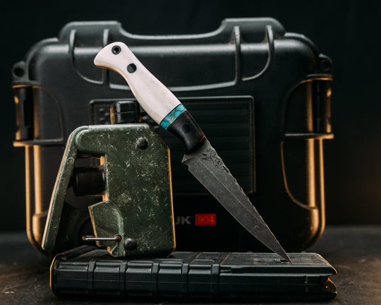 Congressman- Desert Ironwood, Black G10, Brass and Turquoise with Gold Web Tru-stone Split, Elk Antler, CF Pins, CF Lanyard Pin, Smooth Grip