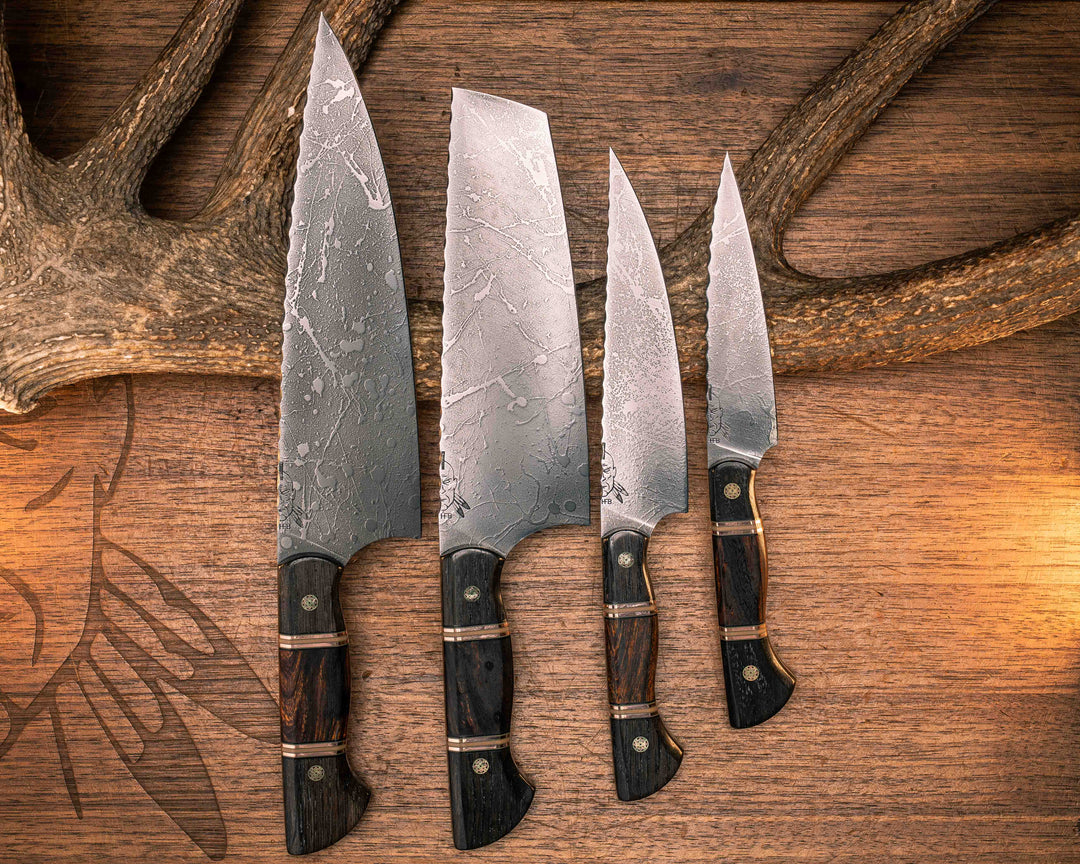 Chef Set- Ancient Bog Oak, Black G10, OD Green G10, Copper and Coyote G10 Pin Striping, Desert Ironwood Split, Mosaic Pins, Smooth Grip