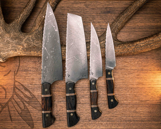 Chef Set- Ancient Bog Oak, Black G10, OD Green G10, Copper and Coyote G10 Pin Striping, Desert Ironwood Split, Mosaic Pins, Smooth Grip