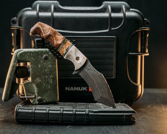 Buteo- Elk antler, Black G10 and Brass Pin Striping, Hawaiian Curly Koa Split, Hawaiian Curly Mango, Mosaic Pins, Textured Grip