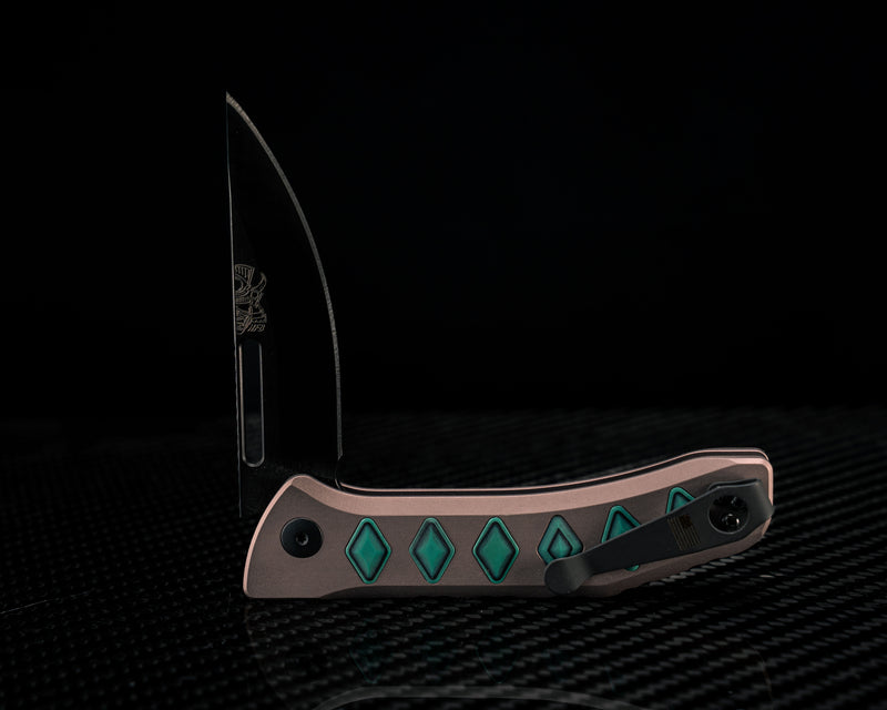 Custom Kwaiken Folder- Aquamarine Camoquartz Inlay, Anodized Grey Handle, Black Nitride Blade, Textured Grip, Deep Carry Pocket Clip