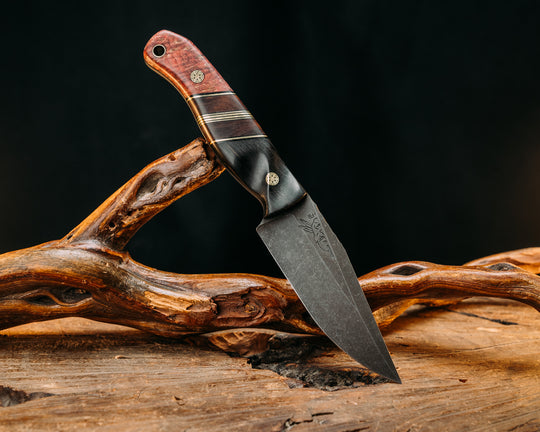 Crow Scalper- African Blackwood, Black G10 and Brass Pin Striping, Desert Ironwood Split, Dyed Maple, Mosaic Pins, Brass Lanyard Pin, Textured Grip