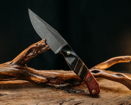 Crow Scalper- African Blackwood, Black G10 and Brass Pin Striping, Desert Ironwood Split, Dyed Maple, Mosaic Pins, Brass Lanyard Pin, Textured Grip