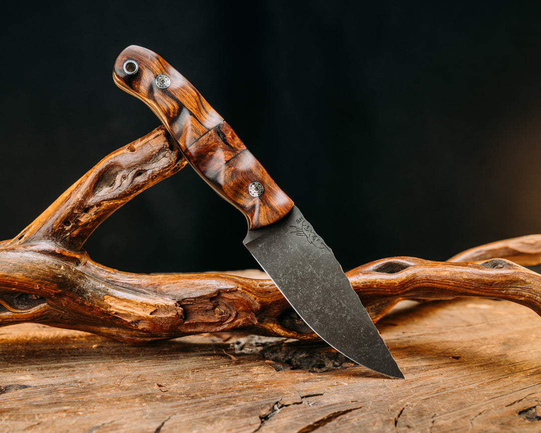 Feather Light- Desert Ironwood, Black G10 and Amboyna Burl Split, Mosaic Pins, Aluminum Lanyard Pin, Textured Grip