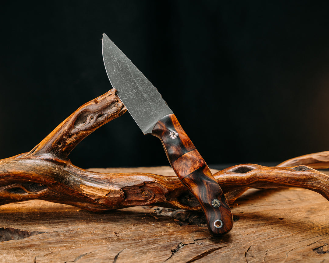 Feather Light- Desert Ironwood, Black G10 and Amboyna Burl Split, Mosaic Pins, Aluminum Lanyard Pin, Textured Grip
