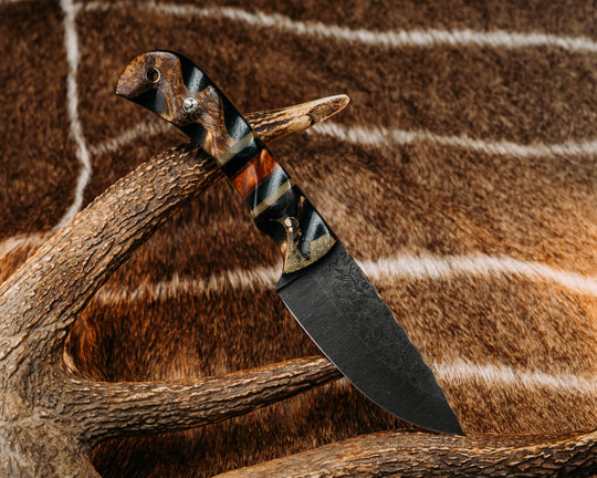 Cavner- Desert Ironwood Over Black Canvas Micarta, OD Green, Black & Natural Canvas Micarta Pin Sytriping, Desert Ironwood Split, Black Ash Over Black Canvas Micarta, Mosaic Pins, textured Grip.