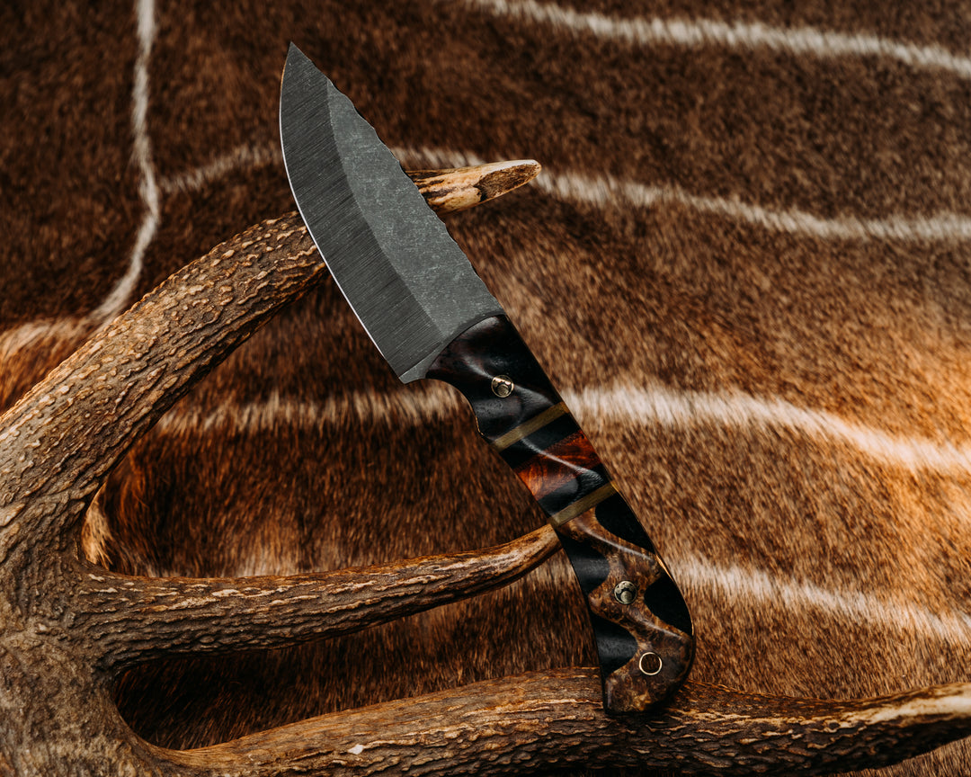 Cavner- Desert Ironwood Over Black Canvas Micarta, OD Green, Black & Natural Canvas Micarta Pin Sytriping, Desert Ironwood Split, Black Ash Over Black Canvas Micarta, Mosaic Pins, textured Grip.