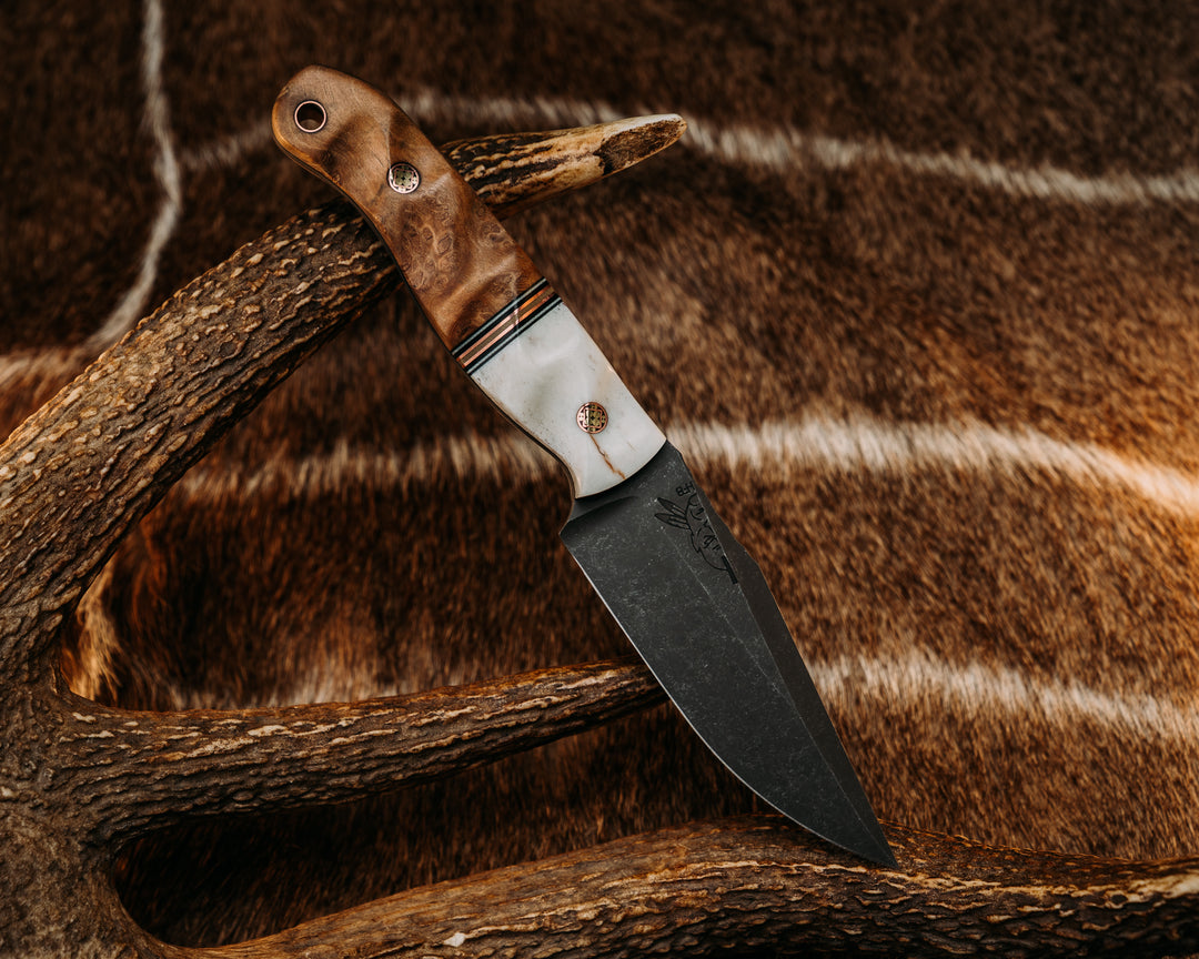Crow Scalper- Elk Antler, Black & White G10 Pin Striping, Copper Splits, Teak, Mosaic Pins, Textured Grip.