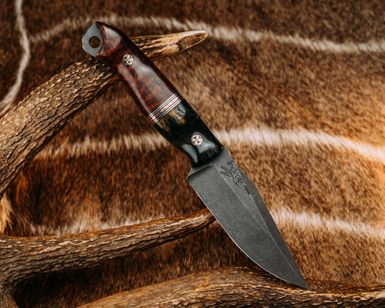 Crow Scalper- Dyed Giraffe Bone, Brass, Aluminum & Copper Split, Snakewood, Mosaic Pins, Textured Grip.