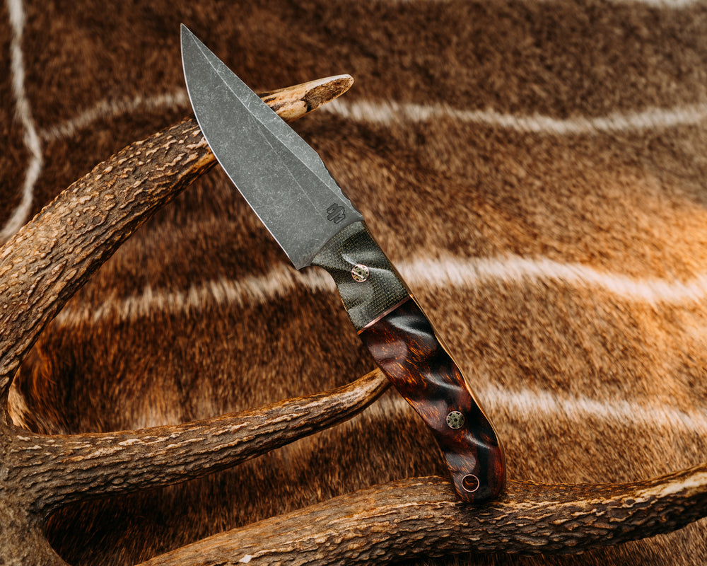 Crow Scalper- OD Green Canvas Micarta, Copper Split, Desert Ironwood, Mosaic Pins, Copper Lanyard Pin, Textured Grip.