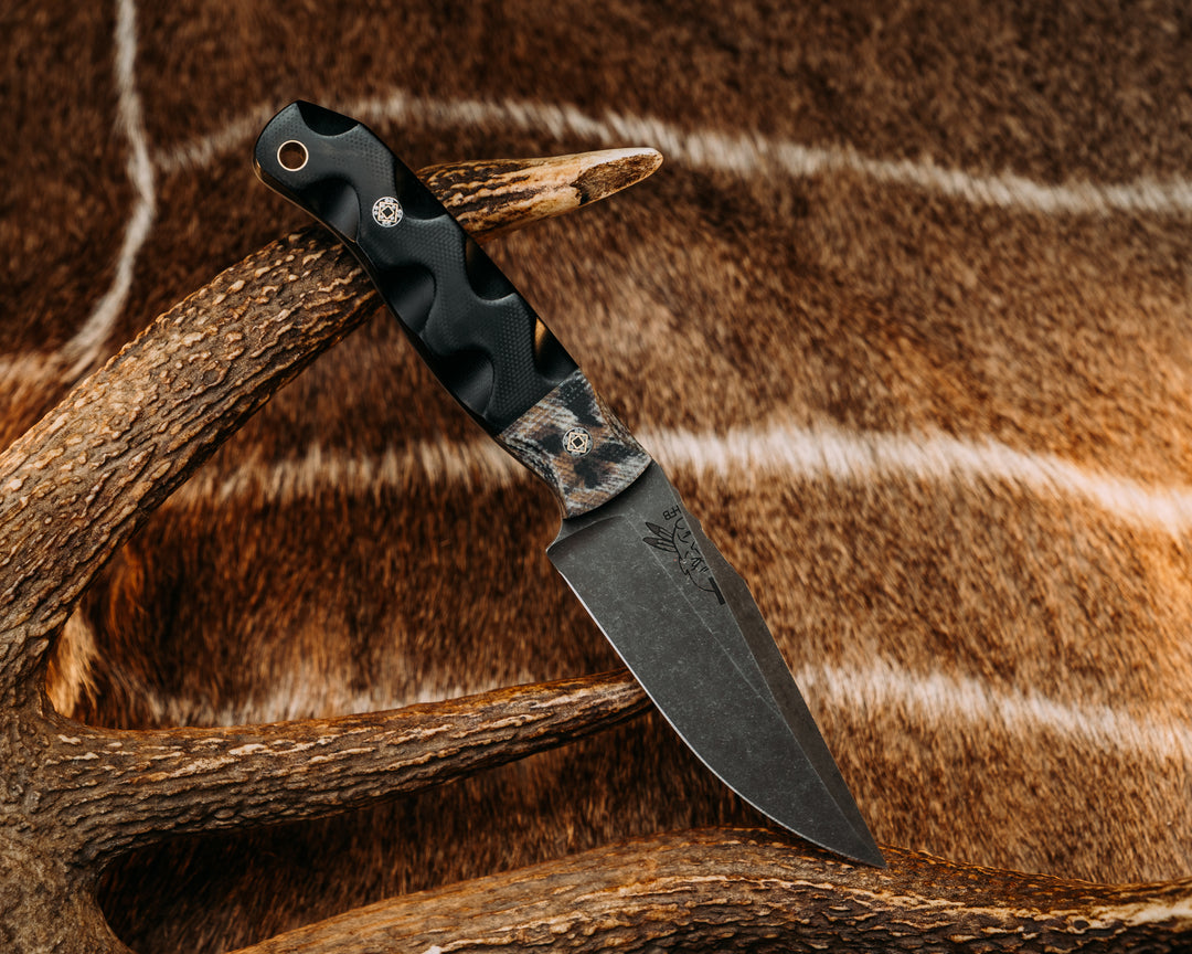Crow Scalper- Leopard micarta, Black G10, Mosaic Pins, Brass Lanyard Pin, Textured Grip.