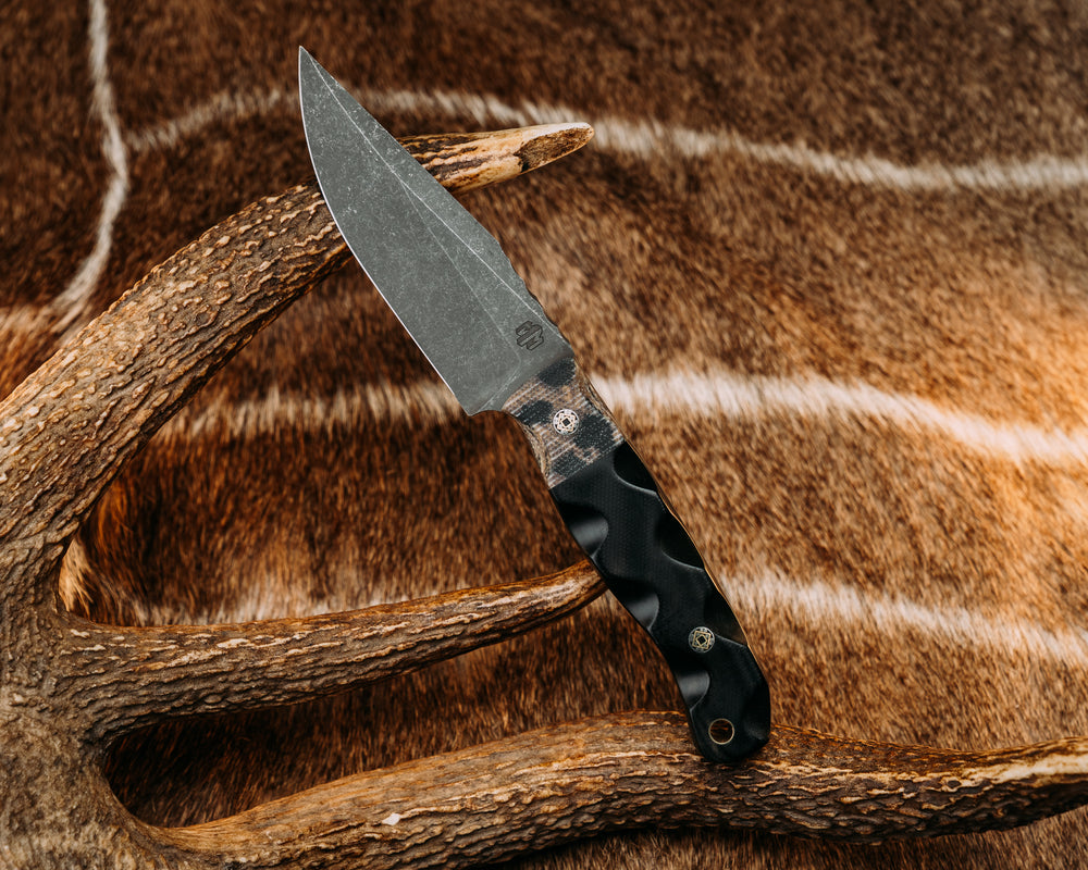 Crow Scalper- Leopard micarta, Black G10, Mosaic Pins, Brass Lanyard Pin, Textured Grip.