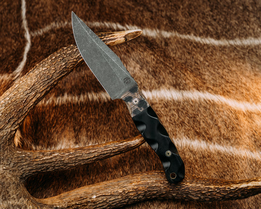 Crow Scalper- Leopard micarta, Black G10, Mosaic Pins, Brass Lanyard Pin, Textured Grip.