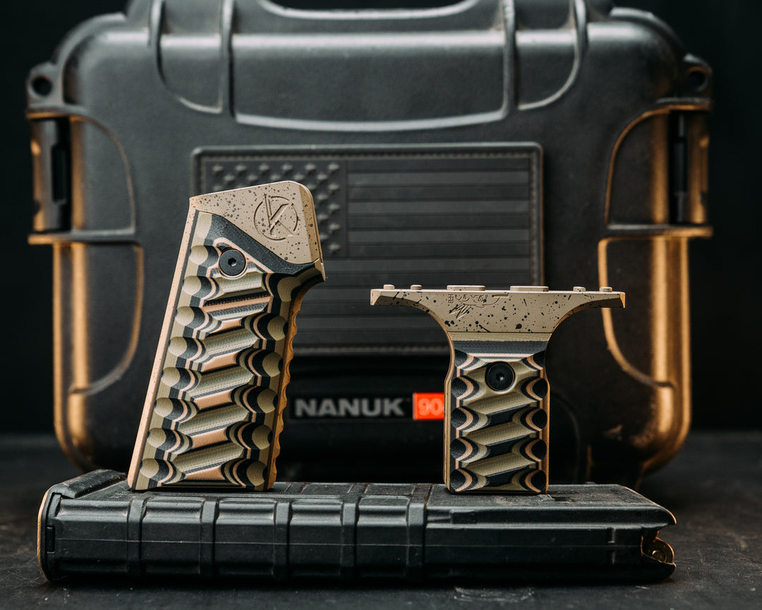 HFB x Kinetic AR Grip System SET - Coyote, Black & OD Green G10, Magpul FDE w/ Black Splatter Cerakote Frames, Snake Textured Grip