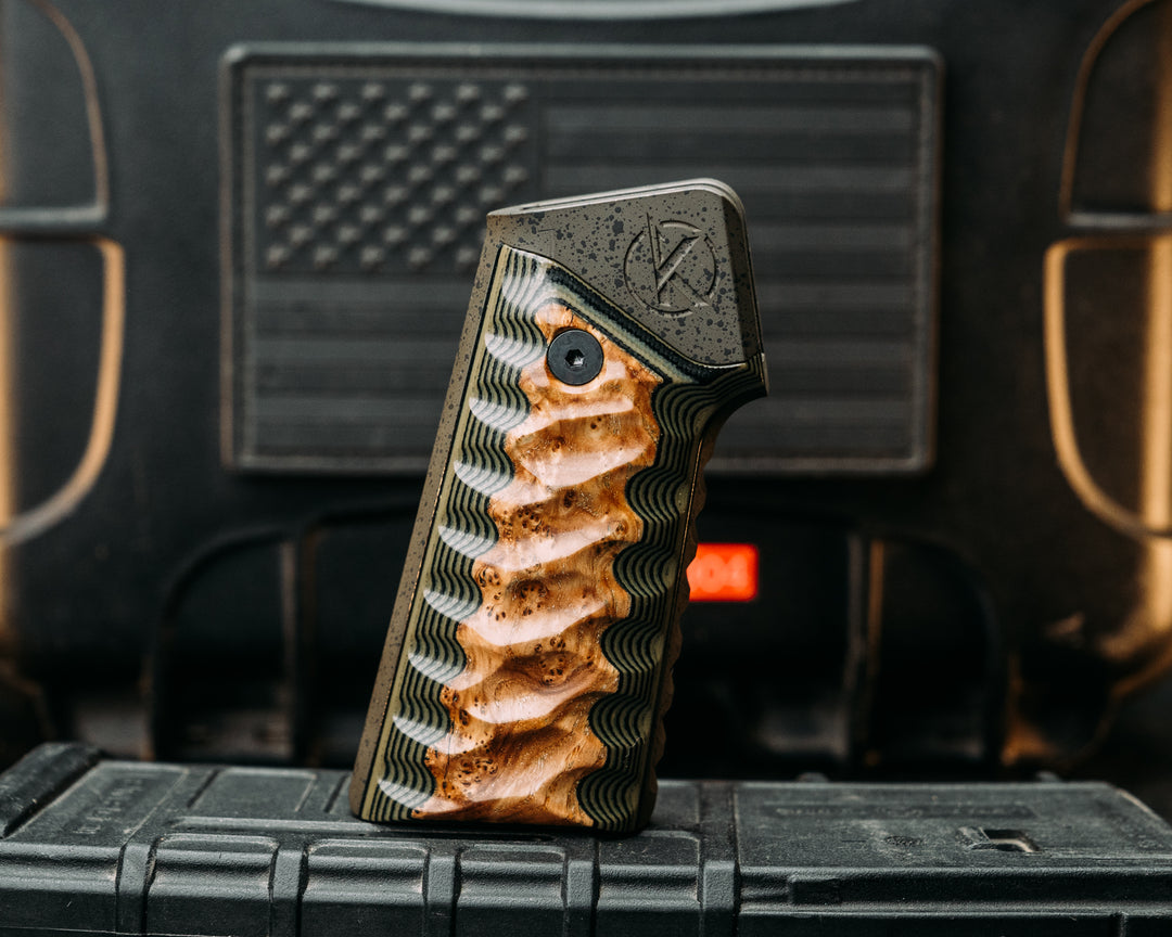 HFB x Kinetic AR Grip- Black Ash on Black & OD Green G10, OD Green w/ Black Splatter Cerakote Frame, Snake Grip.