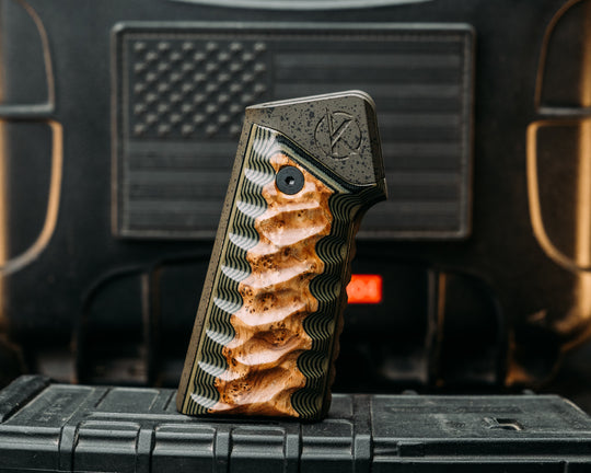HFB x Kinetic AR Grip- Black Ash on Black & OD Green G10, OD Green w/ Black Splatter Cerakote Frame, Snake Grip.