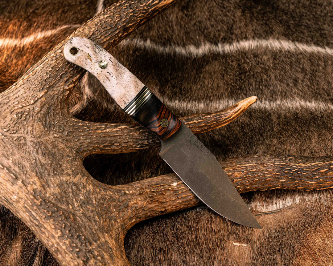 Crow Scalper- Desert Ironwood, Black G10, Coyote G10 and Brass Split, Elk Antler, Mosaic Pins, Brass Lanyard Pin, Textured Grip