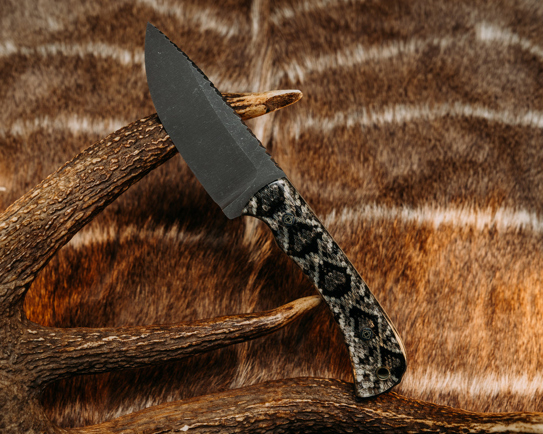 Cavner- Eastern Diamondback Rattlesnake Skin In Resin, Grey, White and Black G10 Liners, Mosaic Pins, Brass Lanyard Pin, Smooth Grip