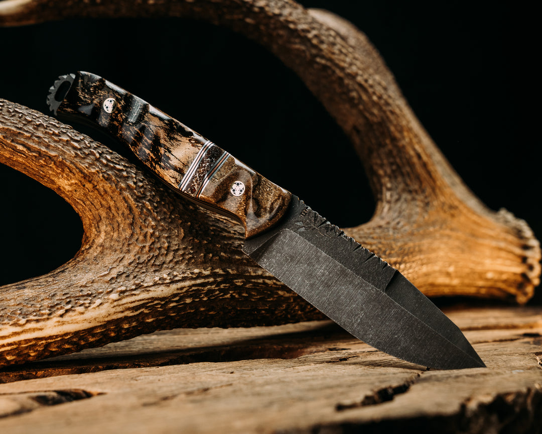 Hog Hunt- Dinosaur Bone, Aluminum, Black G10 and Copper Pin Striping, Dinosaur Bone Split, Giant Irish Elk Antler, Mosaic Pins, Textured Grip