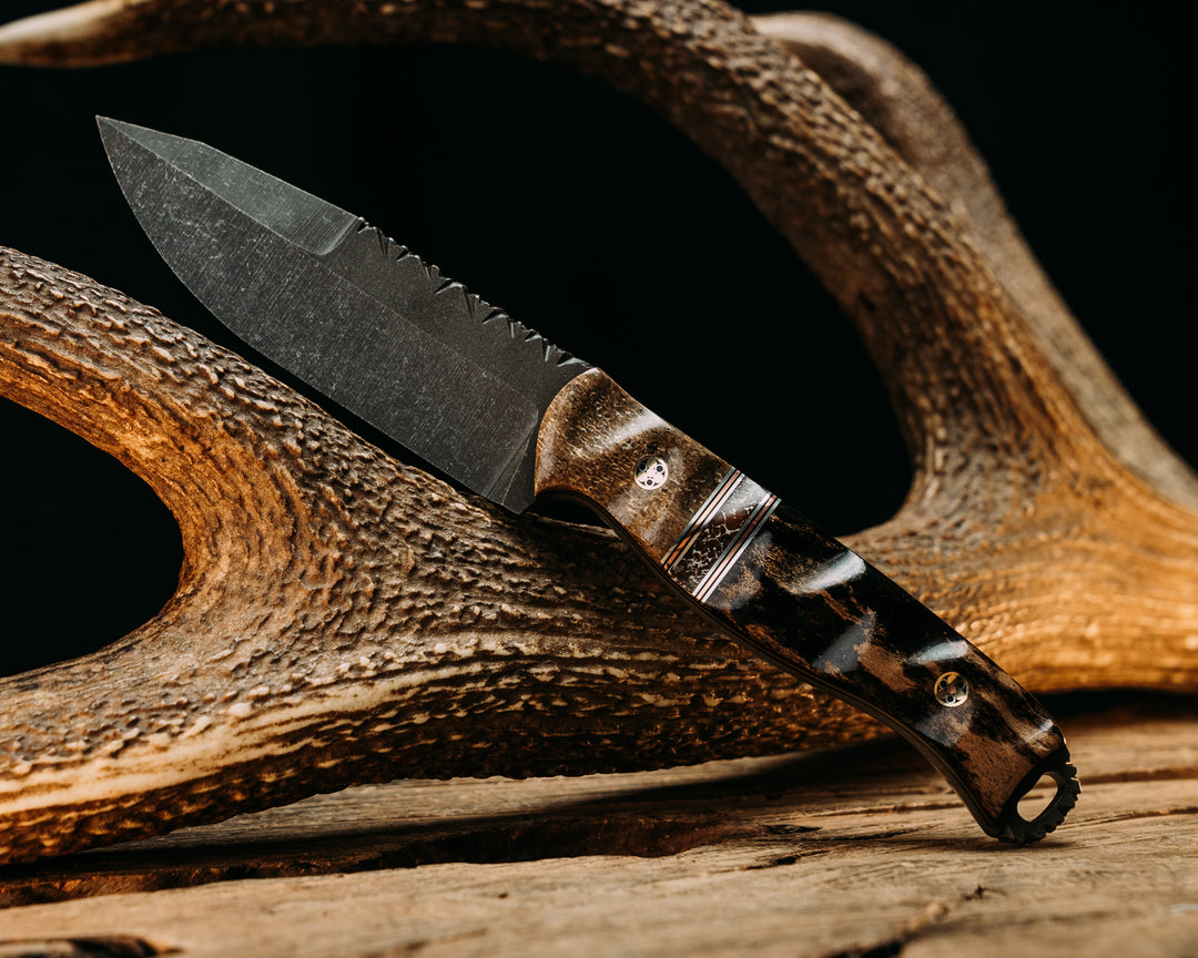 Hog Hunt- Dinosaur Bone, Aluminum, Black G10 and Copper Pin Striping, Dinosaur Bone Split, Giant Irish Elk Antler, Mosaic Pins, Textured Grip