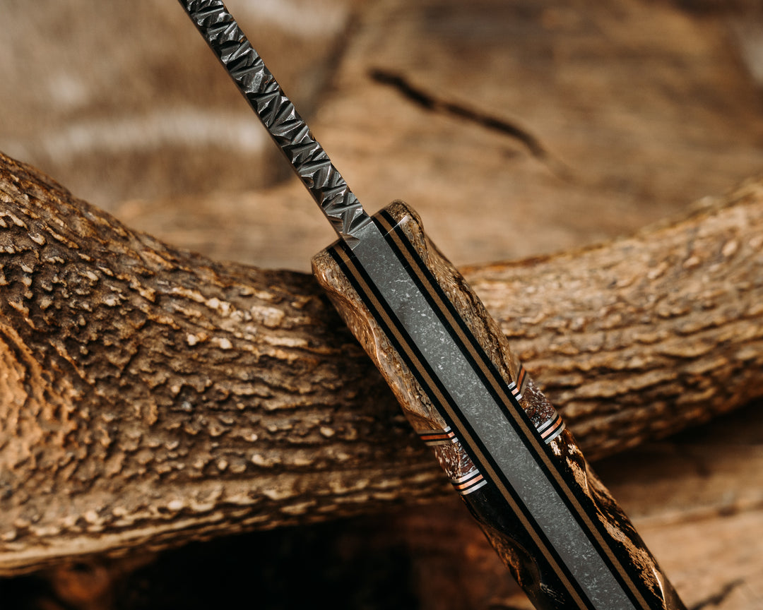 Hog Hunt- Dinosaur Bone, Aluminum, Black G10 and Copper Pin Striping, Dinosaur Bone Split, Giant Irish Elk Antler, Mosaic Pins, Textured Grip
