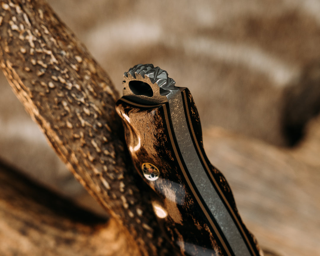Hog Hunt- Dinosaur Bone, Aluminum, Black G10 and Copper Pin Striping, Dinosaur Bone Split, Giant Irish Elk Antler, Mosaic Pins, Textured Grip