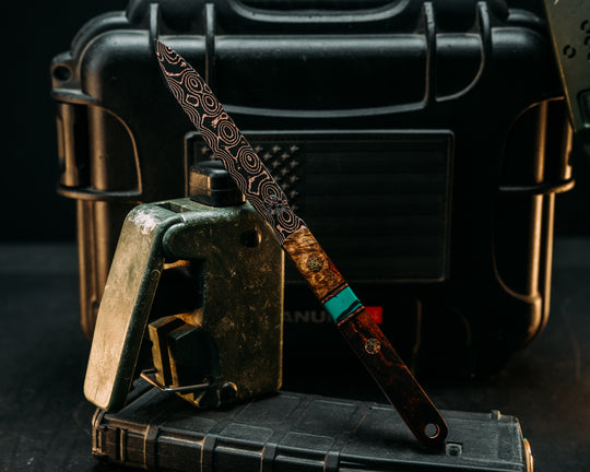 OSS Spike- Baker Forge Raindrop CopperMai- Lion's Blood Amboyna, Black G10 and Copper Pin Striping, xxx Split, Desert Ironwood, Smooth Grip