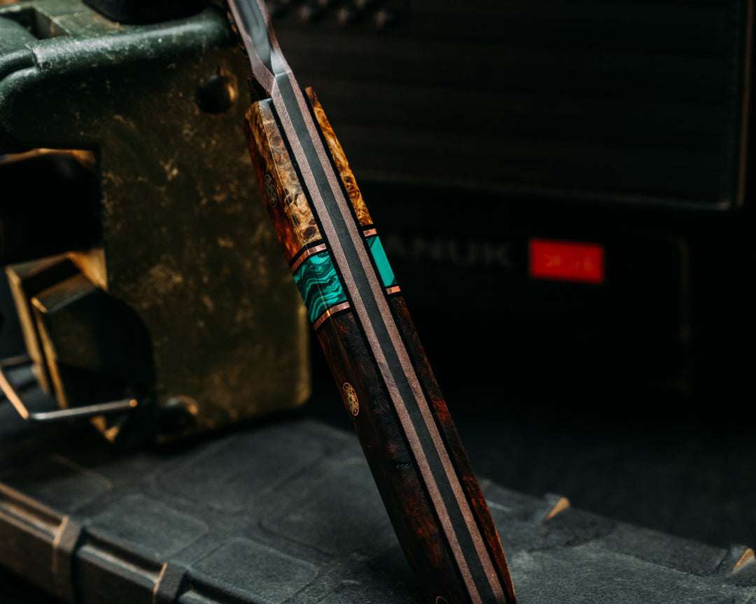 OSS Spike- Baker Forge Raindrop CopperMai- Lion's Blood Amboyna, Black G10 and Copper Pin Striping, xxx Split, Desert Ironwood, Smooth Grip