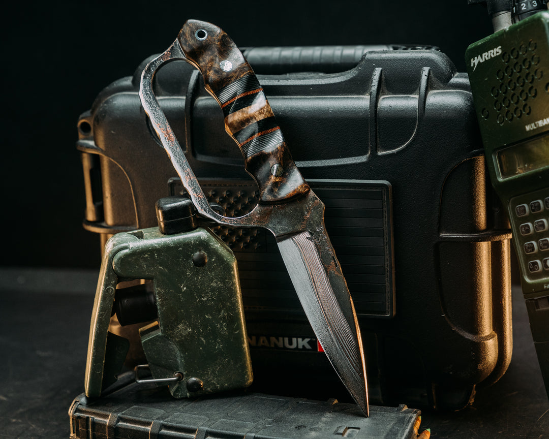 Trench Knife- Baker Forge Random Pattern CopperMai- Dyed Amboyna, Brown Canvas Micarta Pin Striping, Silver Dragon Strike Carbon, Black Burlap Micarta and Black Ash Burl Split, Mosaic Pins, Aluminum Lanyard Pin, Textured Grip