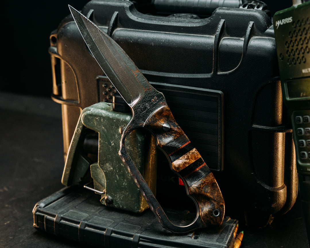 Trench Knife- Baker Forge Random Pattern CopperMai- Dyed Amboyna, Brown Canvas Micarta Pin Striping, Silver Dragon Strike Carbon, Black Burlap Micarta and Black Ash Burl Split, Mosaic Pins, Aluminum Lanyard Pin, Textured Grip
