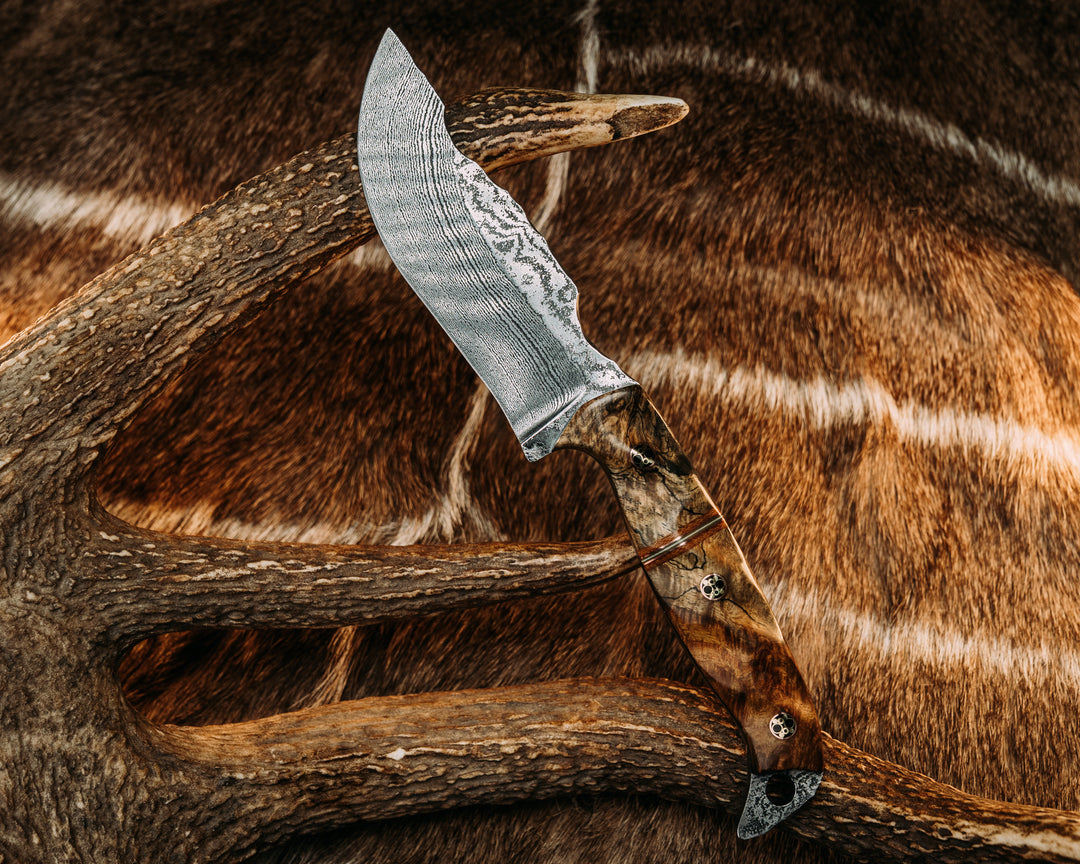 OG Skinner- Baker Forge Wavy Pattern Damascus- Spalted Amboyna, Natural Canvas Micarta, Copper, Grey G10 and White G10 Split, Mosaic Pins, Textured Grip