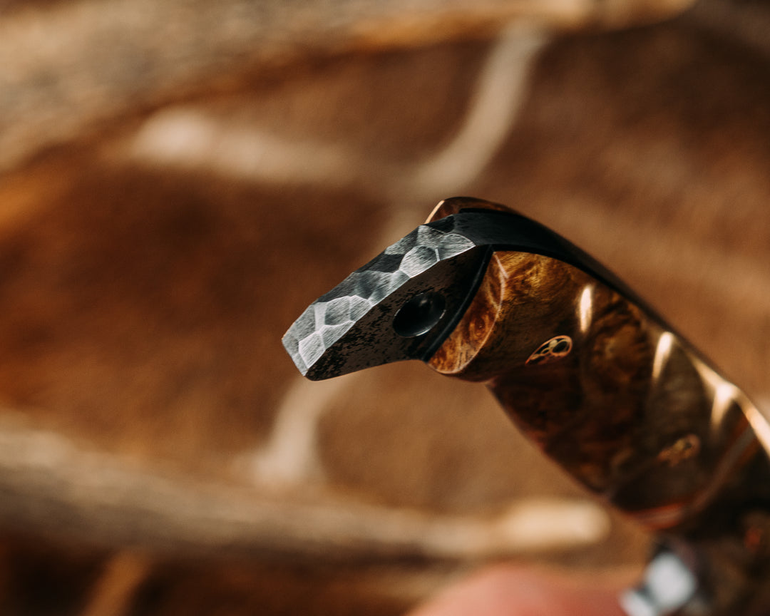 OG Skinner- Baker Forge Wavy Pattern Damascus- Spalted Amboyna, Natural Canvas Micarta, Copper, Grey G10 and White G10 Split, Mosaic Pins, Textured Grip