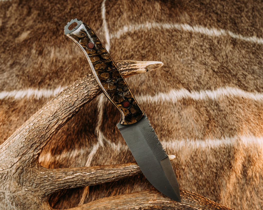 Hog Hunt- Alligator Skin in Resin Over Black G10, Vintage Micarta Pins, Smooth Grip