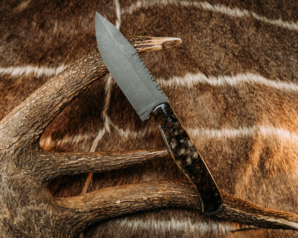 Hog Hunt- Alligator Skin in Resin Over Black G10, Vintage Micarta Pins, Smooth Grip