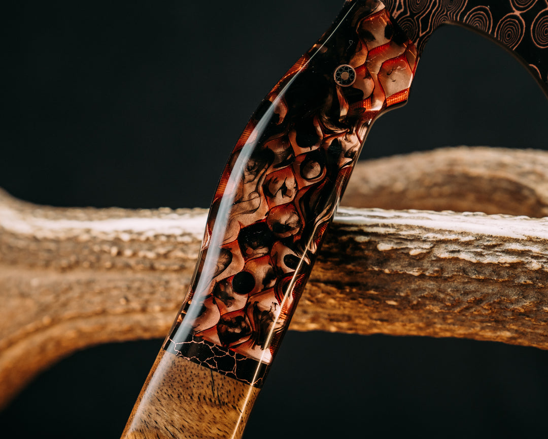 Recce Alpha Hawk- Baker Forge Raindrop Pattern CopperMai- Clear Smoke Tru-LaRue Resin, Black with Copper Web Tru-stone Split, Teak, Mosaic Pin, CF Pins, Textured Grip