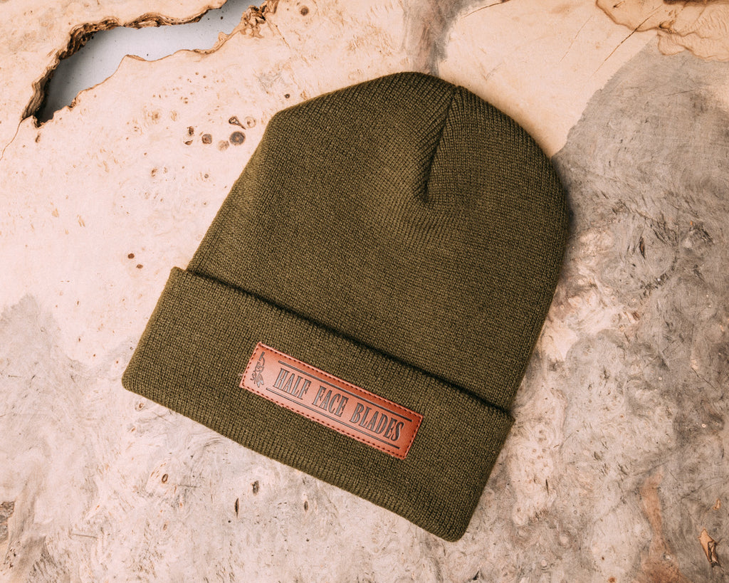 Half Face Blades Leather Patch Beanie OD Green