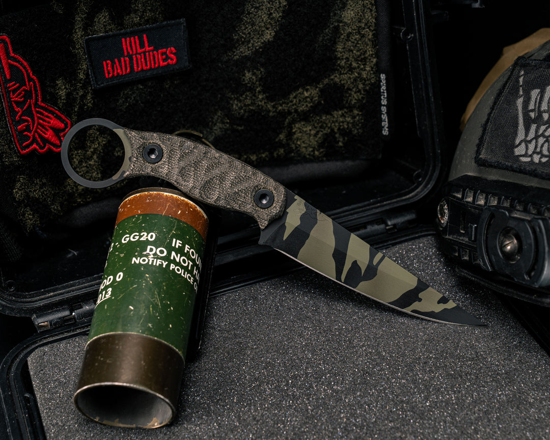 Osoraku 4"- OD Green Canvas Micarta, Tiger Stripe Camo Cerakote, Allen Bolts, Textured Grip