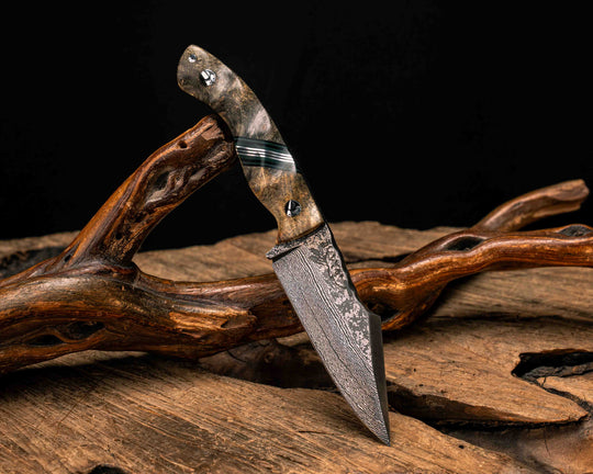Widow Maker Jr- Widow Maker Jr- Baker Forge Random Pattern Damascus- Buckeye Burl, Black G10, Forest Green G10 and Aluminum Split, Mosaic Pins, 1/8" Mosaic Pin, Textured Grip