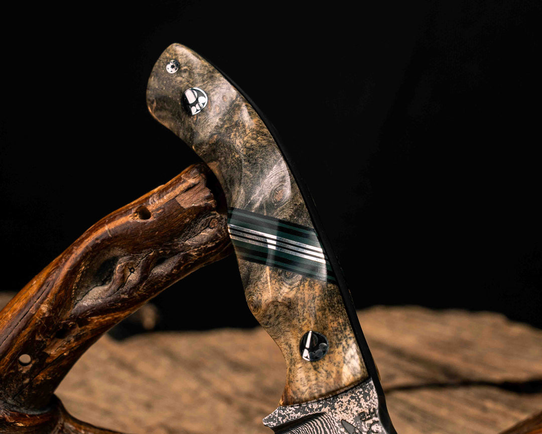 Widow Maker Jr- Widow Maker Jr- Baker Forge Random Pattern Damascus- Buckeye Burl, Black G10, Forest Green G10 and Aluminum Split, Mosaic Pins, 1/8" Mosaic Pin, Textured Grip