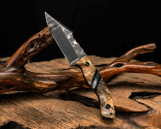 Widow Maker Jr- Widow Maker Jr- Baker Forge Random Pattern Damascus- Buckeye Burl, Black G10, Forest Green G10 and Aluminum Split, Mosaic Pins, 1/8" Mosaic Pin, Textured Grip