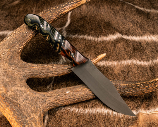 Crow Scout- Desert Ironwood, Black G10, Brass and Black Micarta Split, OD Green and Black Canvas Micarta, Mosaic Pins, Textured Grip