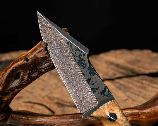 Widow Maker Jr- Widow Maker Jr- Baker Forge Random Pattern Damascus- Buckeye Burl, Black G10, Forest Green G10 and Aluminum Split, Mosaic Pins, 1/8" Mosaic Pin, Textured Grip