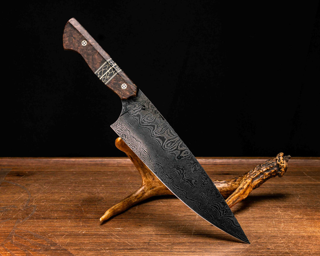 Chef Blade- Baker Forge Ladder Pattern Damascus- Asian Mahogany, Black G10 and Brass Pin Striping, Black with Gold Web Tru-stone Split, Mosaic Pins, Smooth Grip