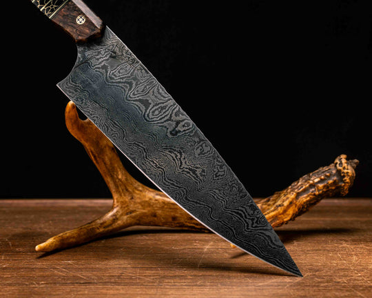 Chef Blade- Baker Forge Ladder Pattern Damascus- Asian Mahogany, Black G10 and Brass Pin Striping, Black with Gold Web Tru-stone Split, Mosaic Pins, Smooth Grip