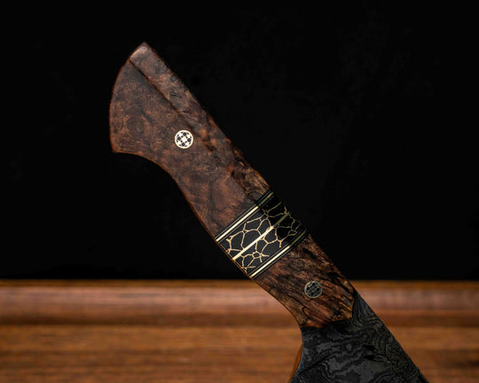 Chef Blade- Baker Forge Ladder Pattern Damascus- Asian Mahogany, Black G10 and Brass Pin Striping, Black with Gold Web Tru-stone Split, Mosaic Pins, Smooth Grip