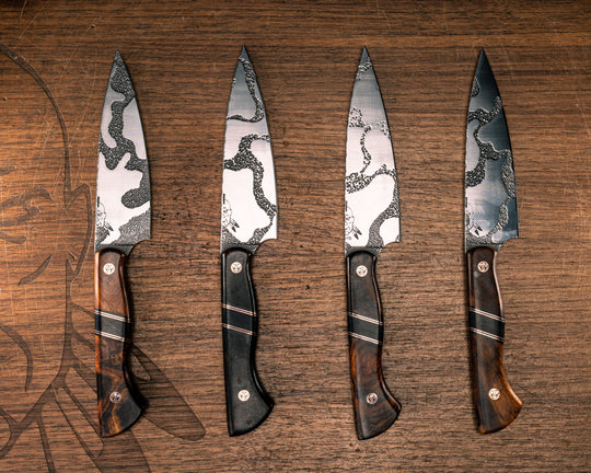 Steak Knife Set (4 piece)- Desert Ironwood, Black G10 and Copper Pin Striping, African Blackwood Split, Copper Patriot Mosaic Pins, Smooth Grip