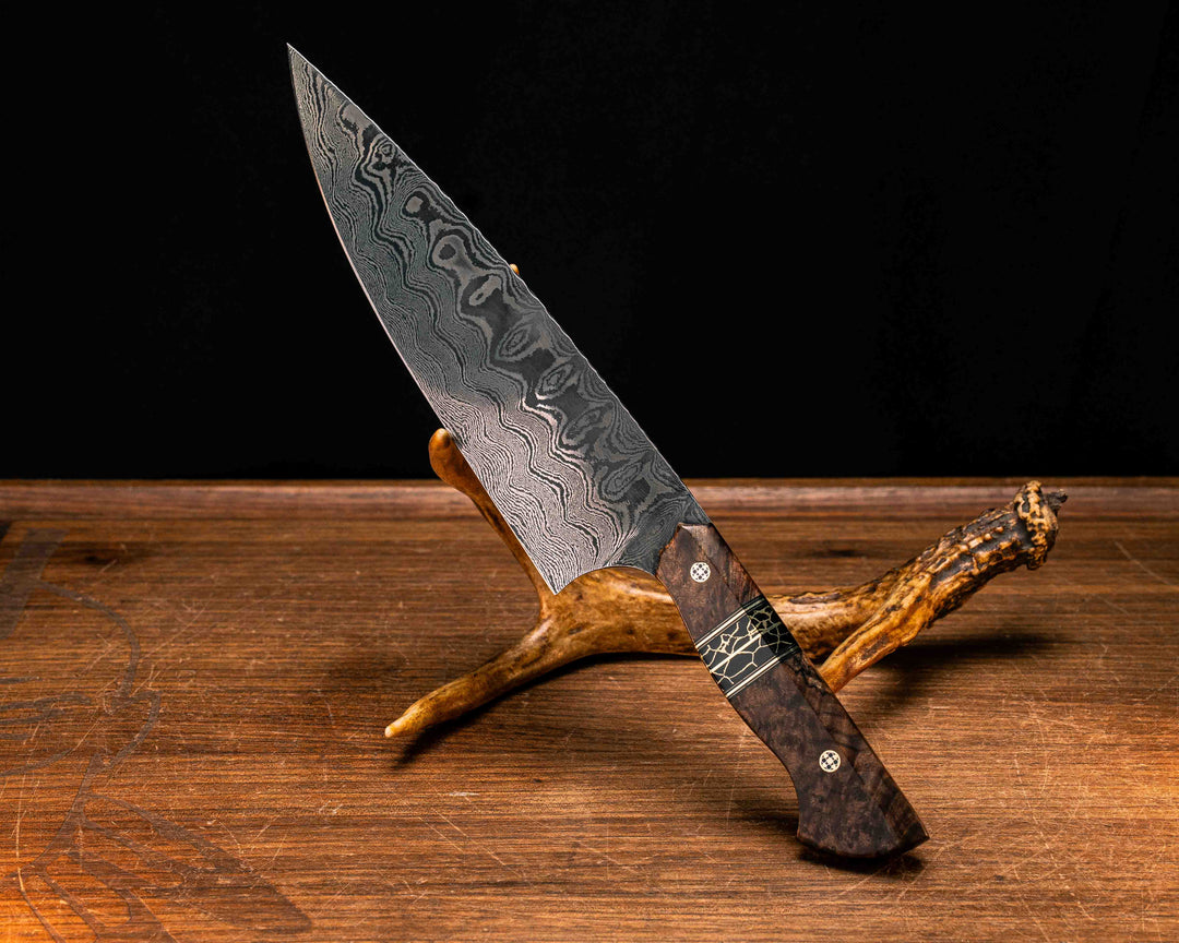 Chef Blade- Baker Forge Ladder Pattern Damascus- Asian Mahogany, Black G10 and Brass Pin Striping, Black with Gold Web Tru-stone Split, Mosaic Pins, Smooth Grip