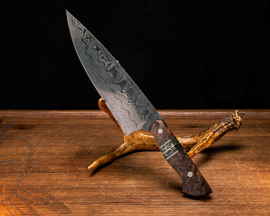 Chef Blade- Baker Forge Ladder Pattern Damascus- Asian Mahogany, Black G10 and Brass Pin Striping, Black with Gold Web Tru-stone Split, Mosaic Pins, Smooth Grip