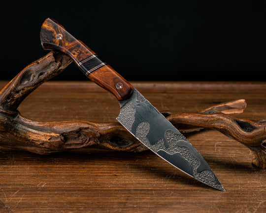 Steak Knife Set (4 piece)- Desert Ironwood, Black G10 and Copper Pin Striping, African Blackwood Split, Copper Patriot Mosaic Pins, Smooth Grip