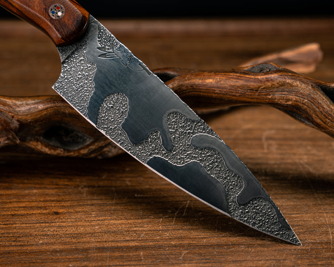 Steak Knife Set (4 piece)- Desert Ironwood, Black G10 and Copper Pin Striping, African Blackwood Split, Copper Patriot Mosaic Pins, Smooth Grip